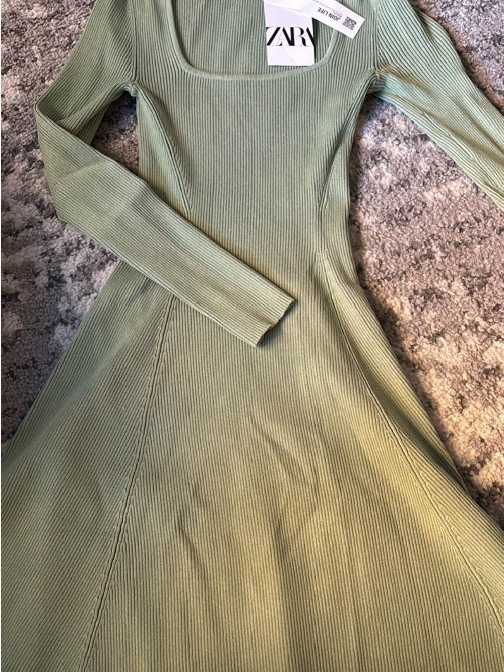 Zara Sage Green Ribbed Long Sleeve Fit-and-Flare Dress
